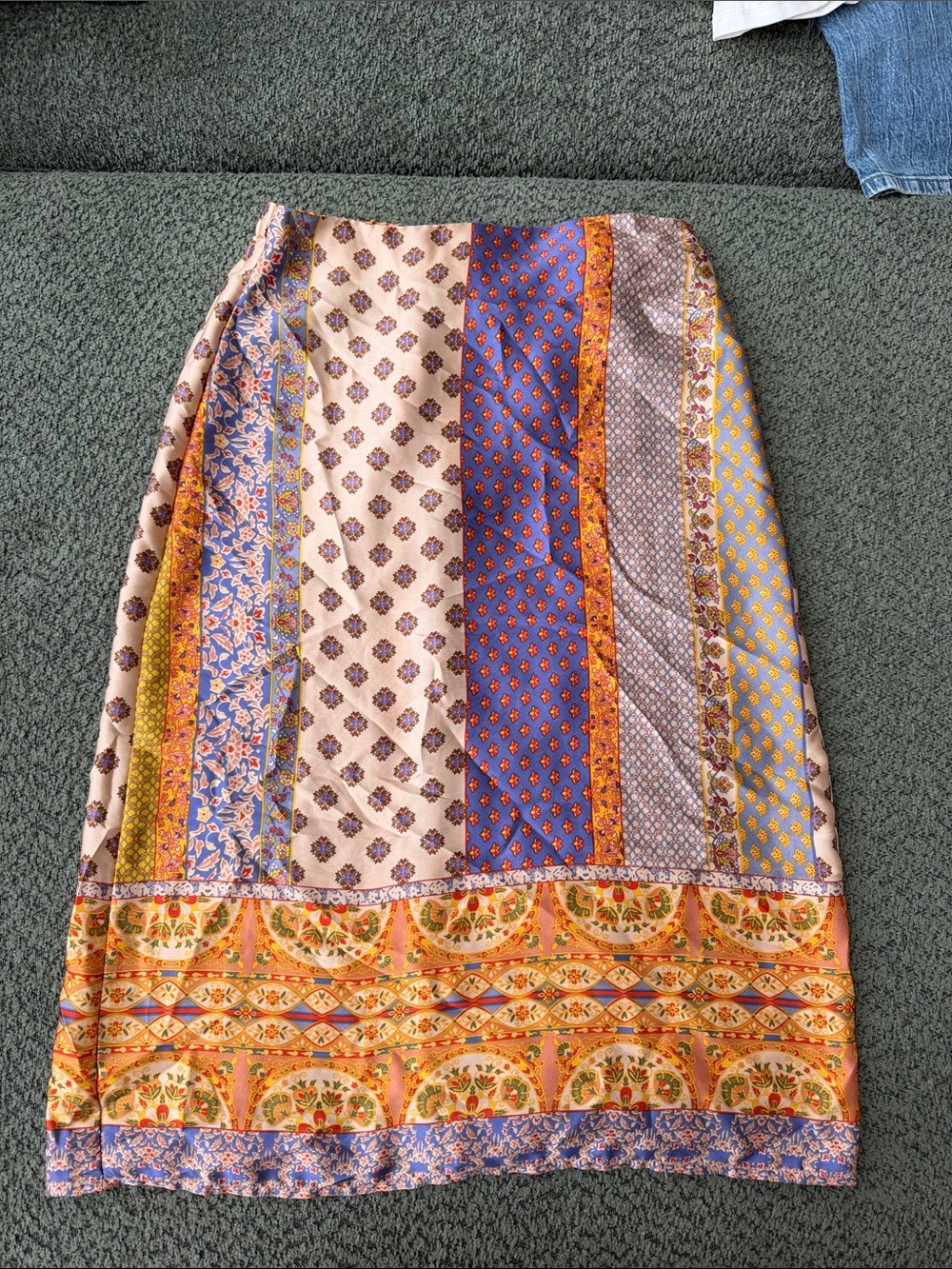 Dress Forum Striped Patchwork Midi Skirt in Blue, Orange and Cream